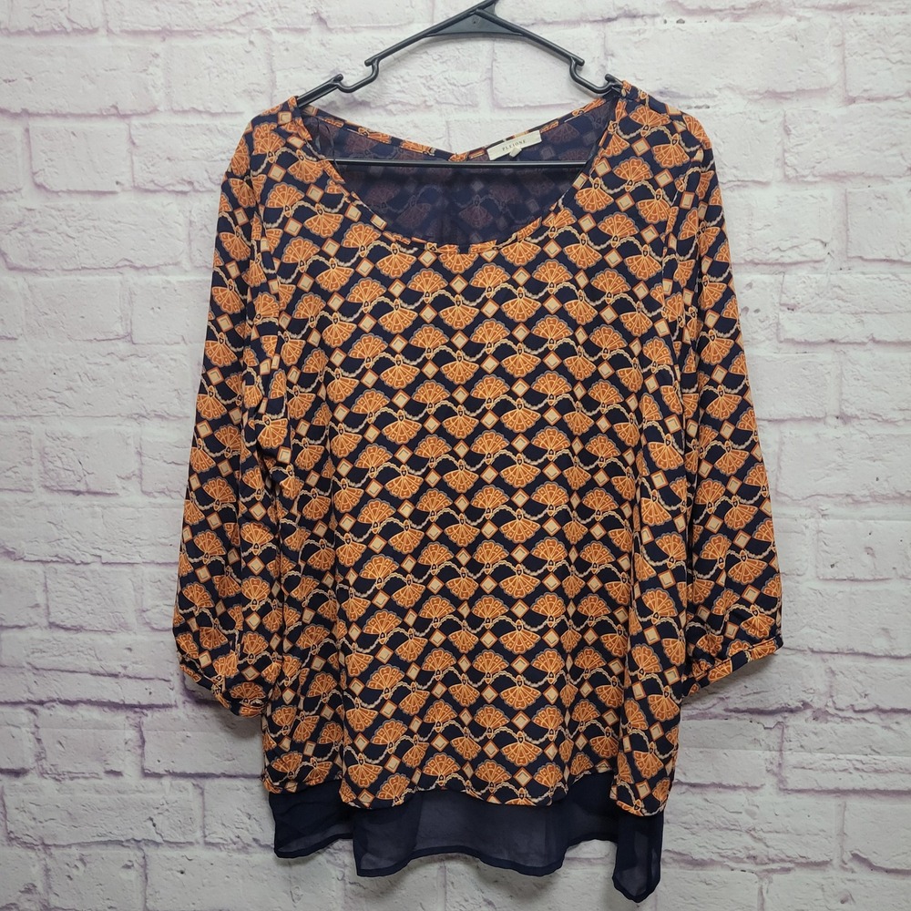 Pleione Geometric Layered Hem‎ Tunic Blouse Sz M Pullover Business Casual Boho